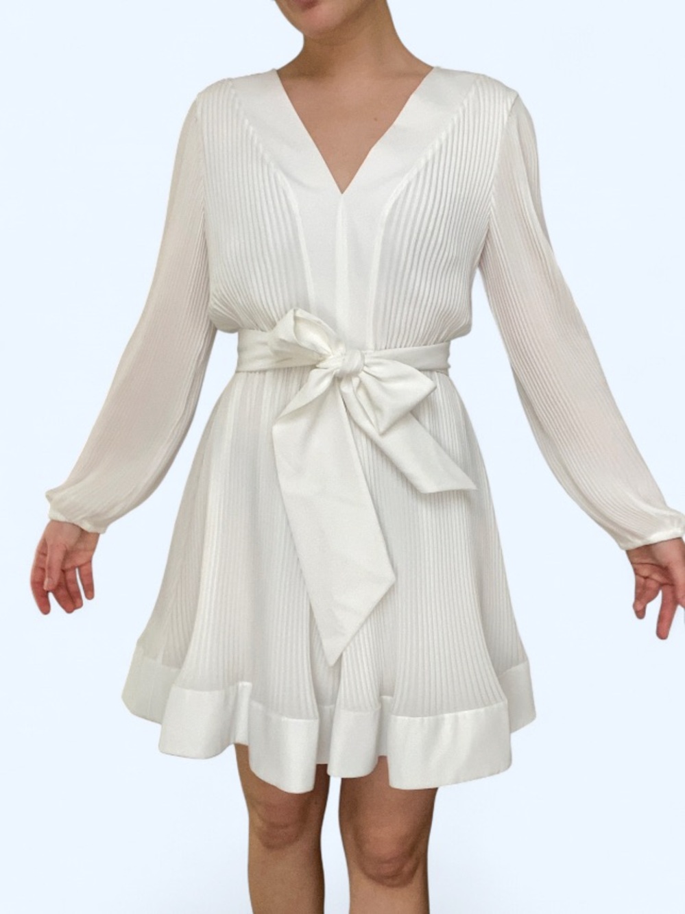Milly Ivory Pleated V-Neck Mini Dress with Waist Bow